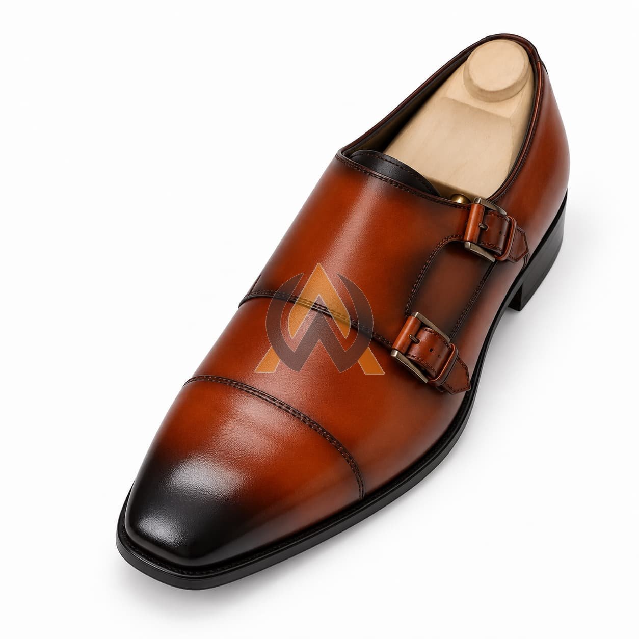 Men’s Cognac Brown Leather Double Monk Strap Shoes view 4