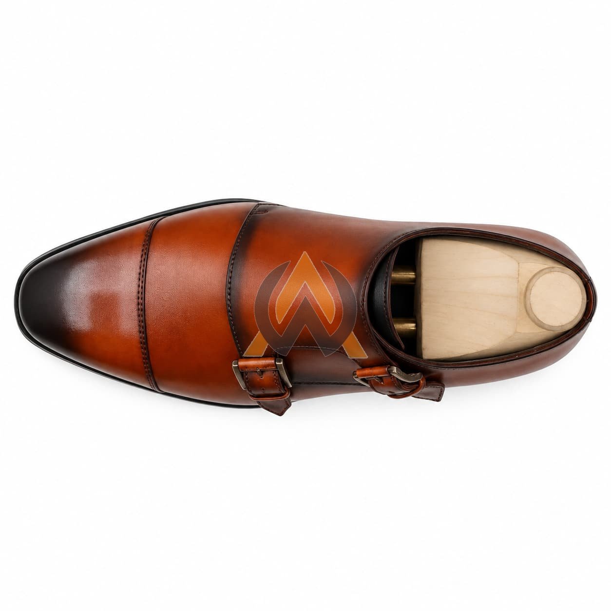 Men’s Cognac Brown Leather Double Monk Strap Shoes view 7