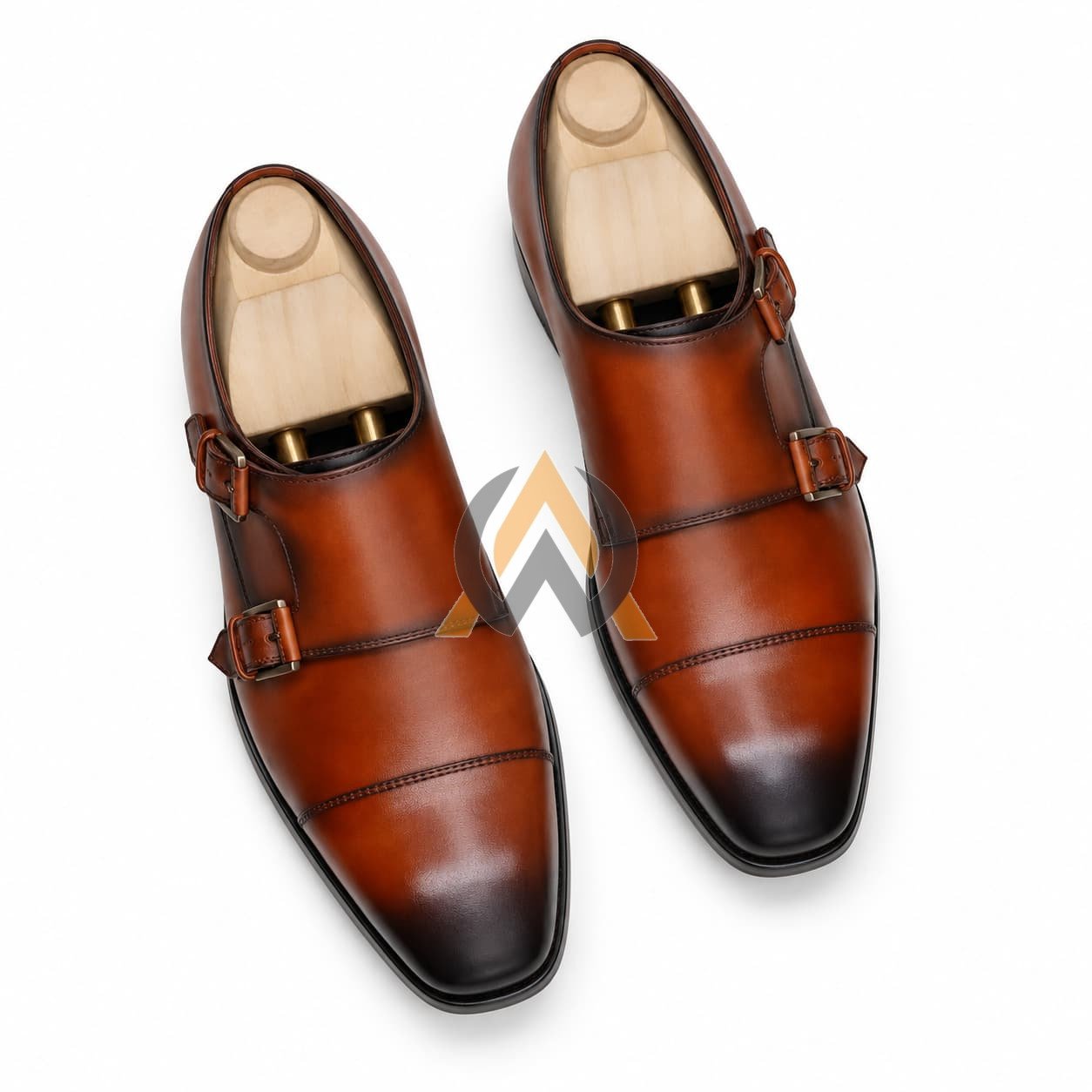 Men’s Cognac Brown Leather Double Monk Strap Shoes view 3