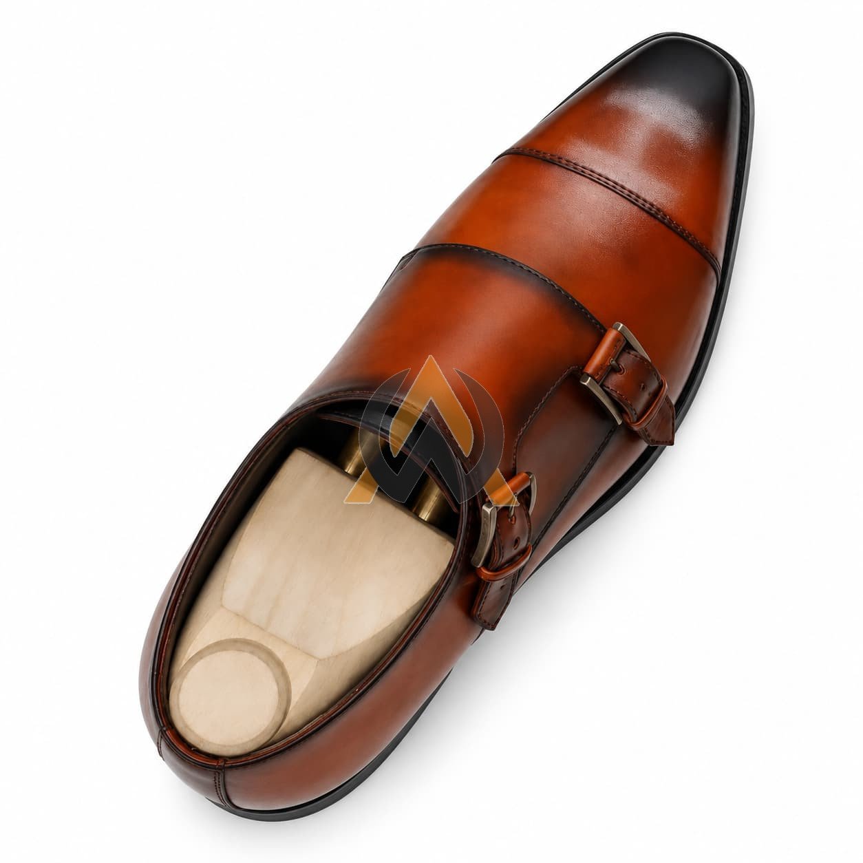 Men’s Cognac Brown Leather Double Monk Strap Shoes view 5